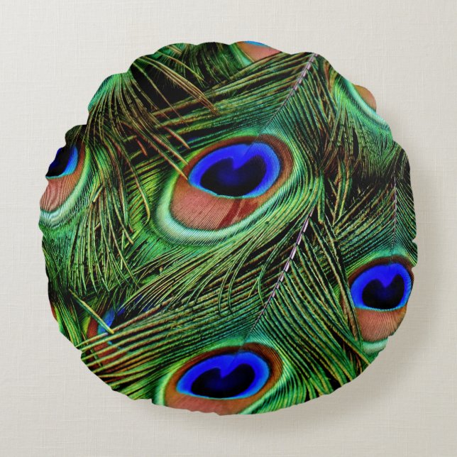 Peacock Feathers Close Up Photography Blue Green Round Pillow (Front)