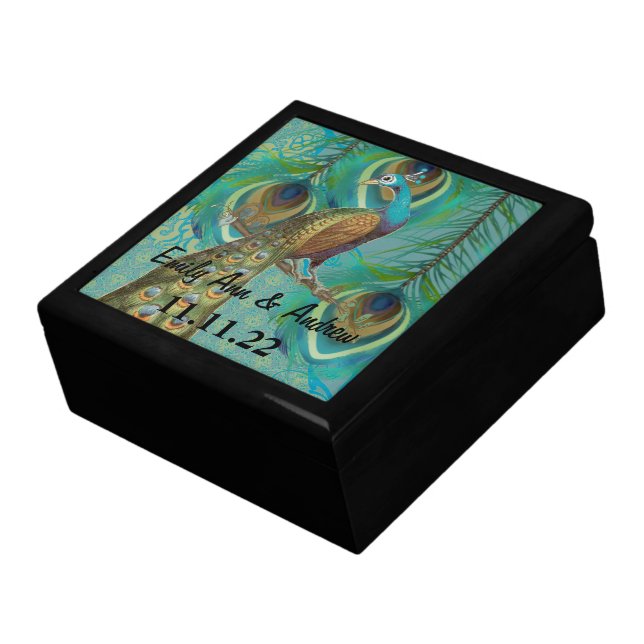 Peacock Feathers Damask Wedding Anniversary Jewelry Box (Side)