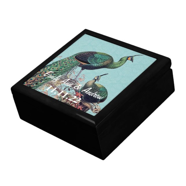 Peacock Feathers Damask Wedding Anniversary Jewelry Box (Side)