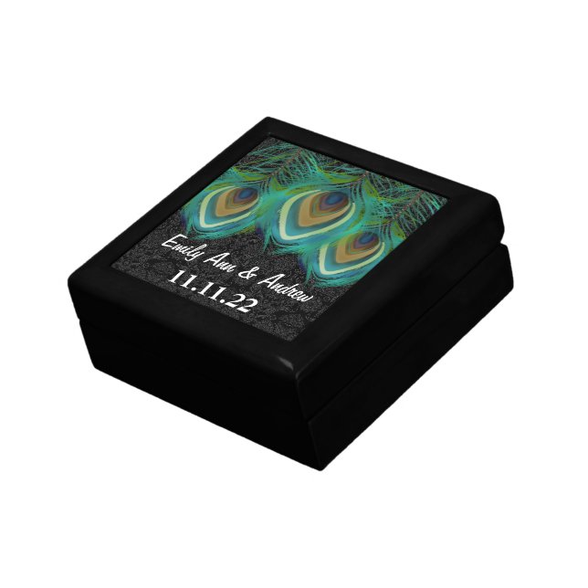 Peacock Feathers Damask Wedding Anniversary Jewelry Box (Side)