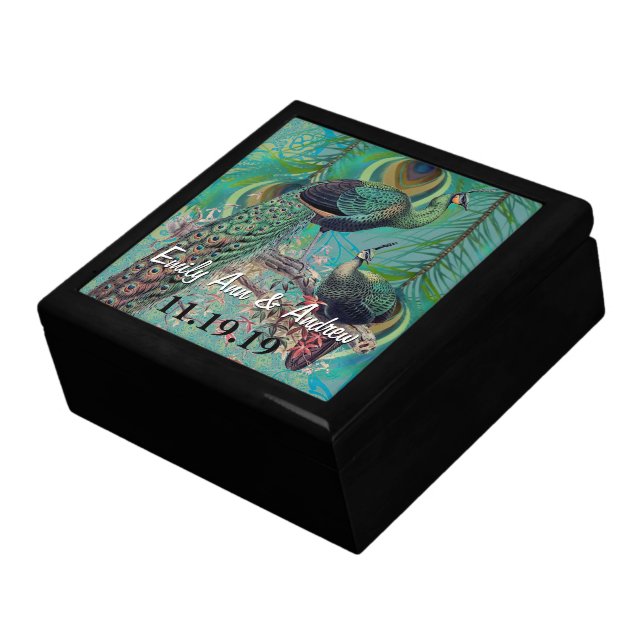 Peacock Feathers Damask Wedding Anniversary Keepsake Box (Side)