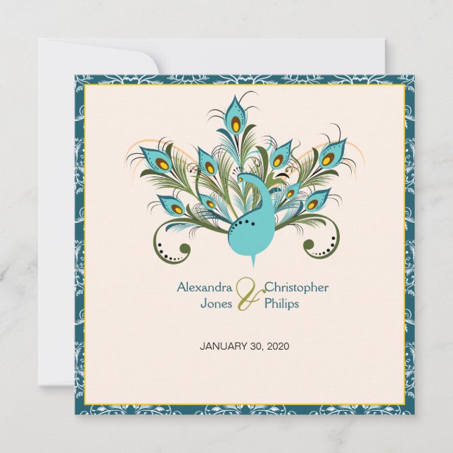 Peacock Feathers Damask Wedding Invitation (Front)