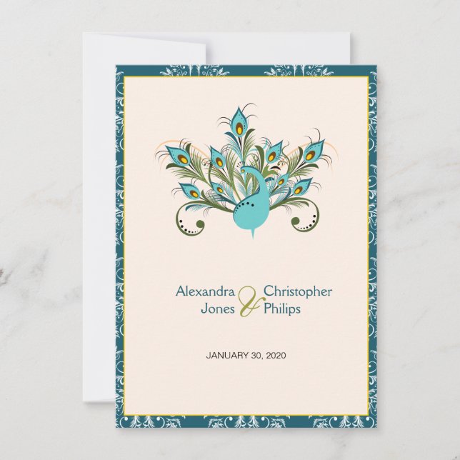 Peacock Feathers Damask Wedding Invitation (Front)