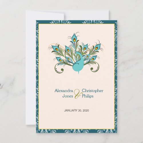 Peacock Feathers Damask Wedding Personalized Invitations