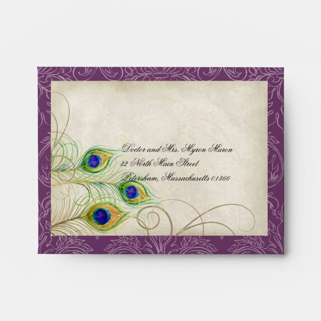 Peacock Feathers Deep Purple Wedding RSVP Response Envelope (Front)