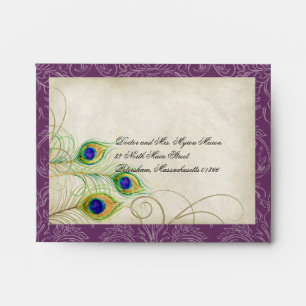 Peacock Feathers Deep Purple Wedding RSVP Response Envelope