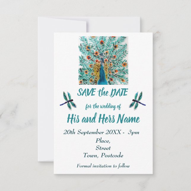 Peacock Feathers Dragonfly Turquoise Save the Date (Front)