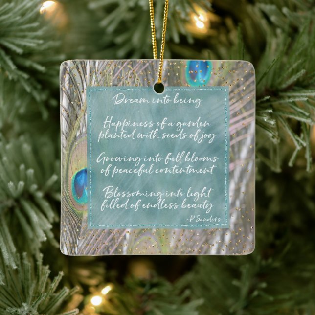 Peacock Feathers Dream Poem Gold Confetti Ceramic Ornament (Tree)