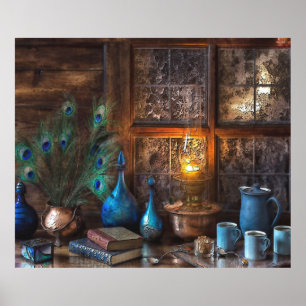 Peacock Feathers Drinkware Kerosene Lamp Poster