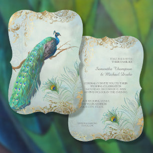 Peacock Feathers Elegant Aqua Blue Gold Wedding Invitation