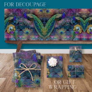 Peacock Feathers Elegant Glitter Pink Decoupage Wrapping Paper Sheets