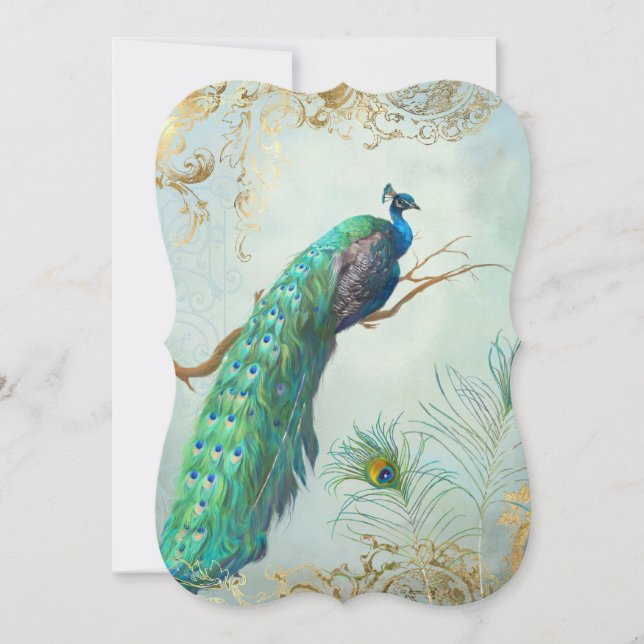 Peacock Feathers Elegant Gold Aqua Blue Wedding Invitation (Front)