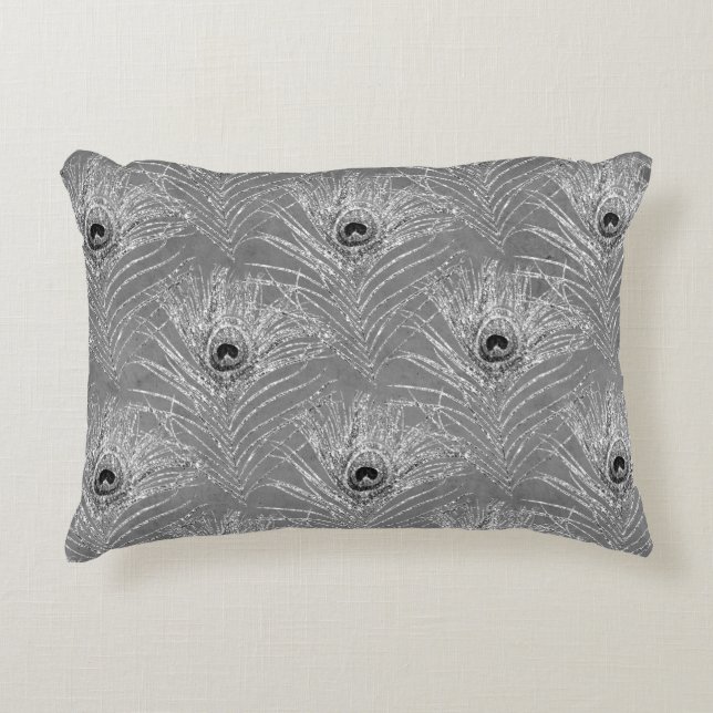 Peacock feathers elegant silver gray pattern accent pillow (Front)