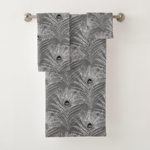 Peacock feathers elegant silver gray pattern bath towel set