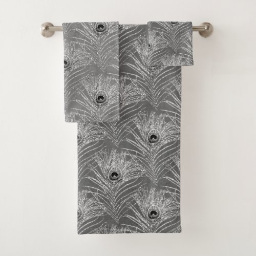 Peacock feathers elegant silver gray pattern bath towel set