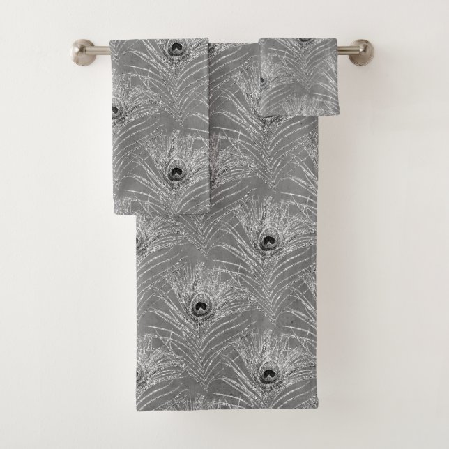 Peacock feathers elegant silver gray pattern bath towel set (Insitu)