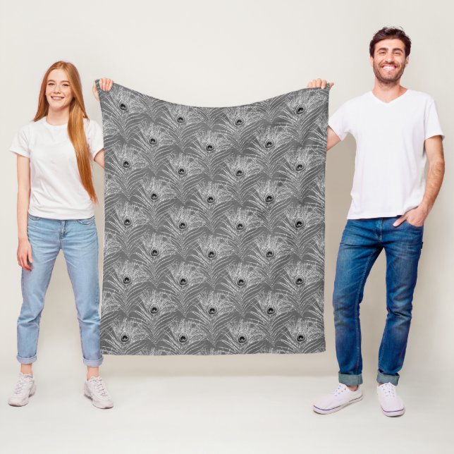 Peacock feathers elegant silver gray pattern fleece blanket (In Situ)