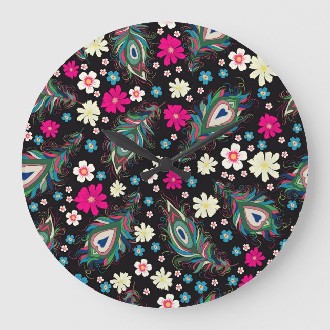 Peacock Feathers Embroidery Seamless Pattern Large Clock (Front)