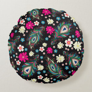 Peacock Feathers Embroidery Seamless Pattern Round Pillow