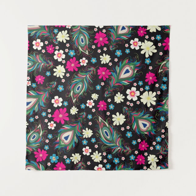 Peacock Feathers Embroidery Seamless Pattern Tapestry (Front)