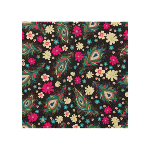 Peacock Feathers Embroidery Seamless Pattern Wood Wall Art