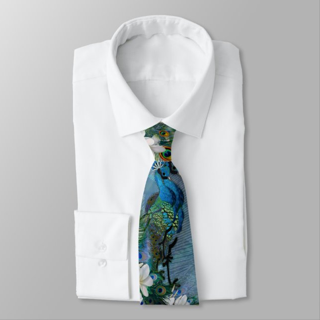 Peacock Feathers & Emerald Green Metallic Silk  Neck Tie (Tied)