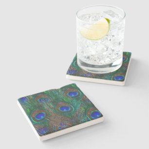 Peacock Feathers Etching Style Stone Coaster