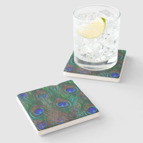 Peacock Feathers Etching Style Stone Coaster