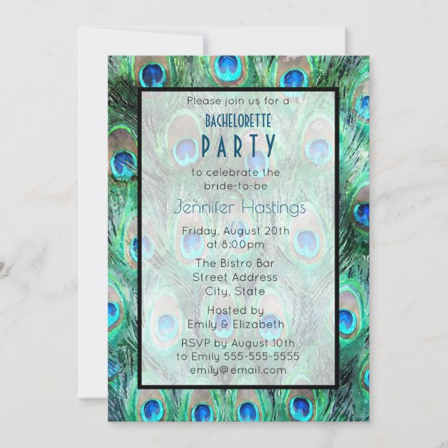 Peacock Feathers Exotic Bachelorette Party Invite (Front)