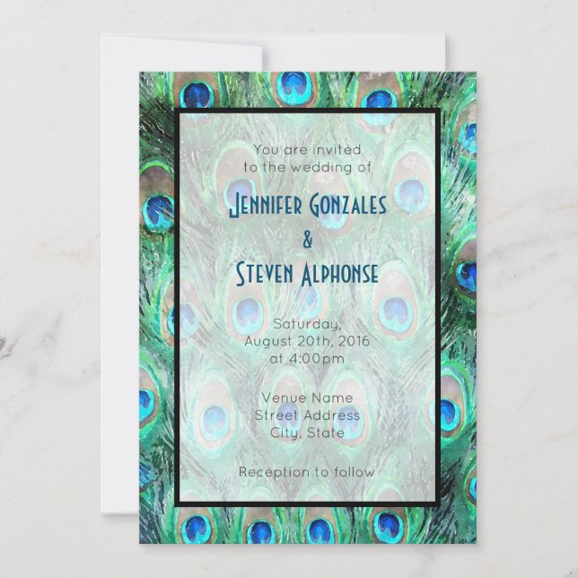 Peacock Feathers Exotic Watercolor Wedding Invite (Front)