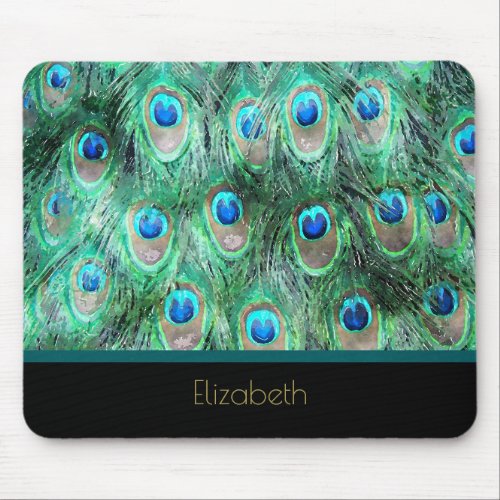 Peacock Feathers Exotic Wild Watercolor Pattern Mouse Pad