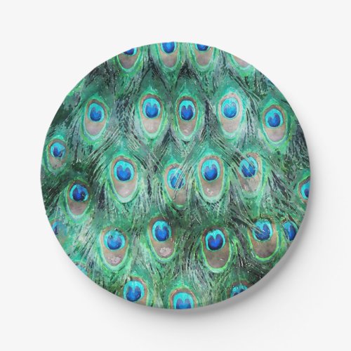 Peacock Feathers Exotic Wild Watercolor Pattern Paper Plates