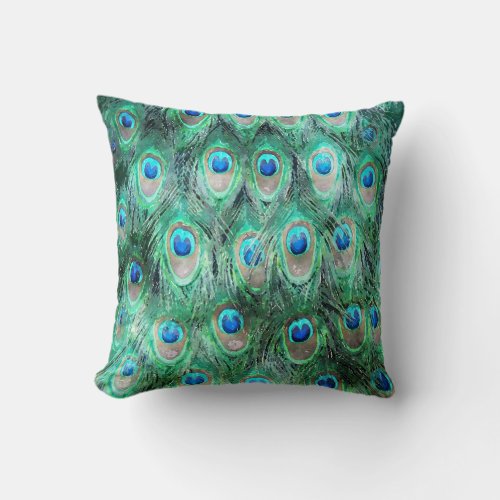 Peacock Feathers Exotic Wild Watercolor Pattern Throw Pillow
