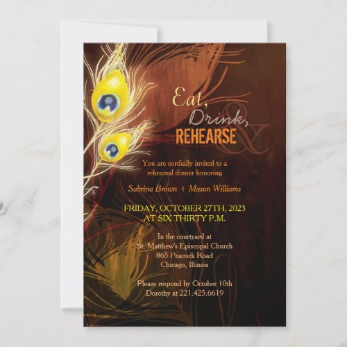 Peacock Feathers Fall Wedding Rehearsal Dinner Invitation