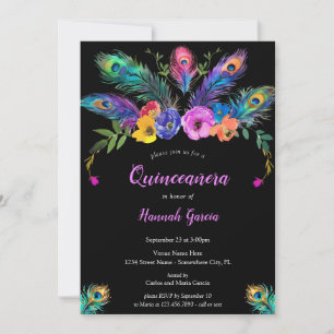 Peacock Feathers & Flowers Black Quinceañera Invitation