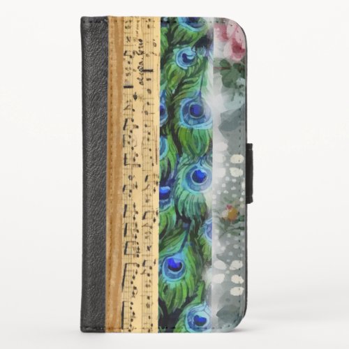 Peacock Feathers Flowers Leaves Music Notes iPhone X Wallet Case