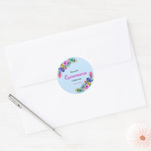 Peacock Feathers & Flowers Quinceañera Baby Blue Classic Round Sticker