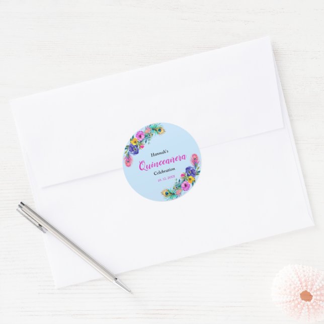 Peacock Feathers & Flowers Quinceañera Baby Blue Classic Round Sticker (Envelope)