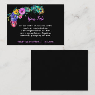 Peacock Feathers & Flowers Quinceañera Black Enclosure Card