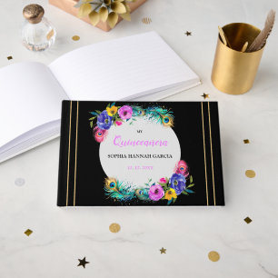 Peacock Feathers & Flowers Quinceañera Black Foil Guest Book
