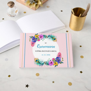 Peacock Feathers & Flowers Quinceañera Blush Pink Foil Guest Book