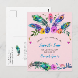 Peacock Feathers & Flowers Quinceañera Blush Pink Postcard