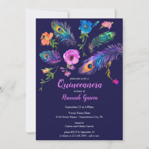 Peacock Feathers & Flowers Quinceañera Party Invitation