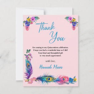 Peacock Feathers & Flowers Quinceañera Pink Flat Thank You Card