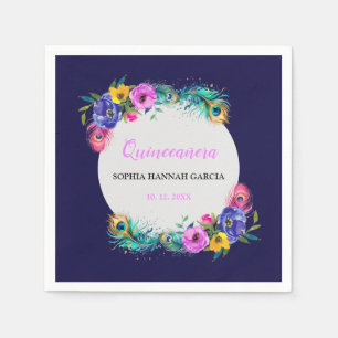 Peacock Feathers & Flowers Quinceañera Purple Napkins