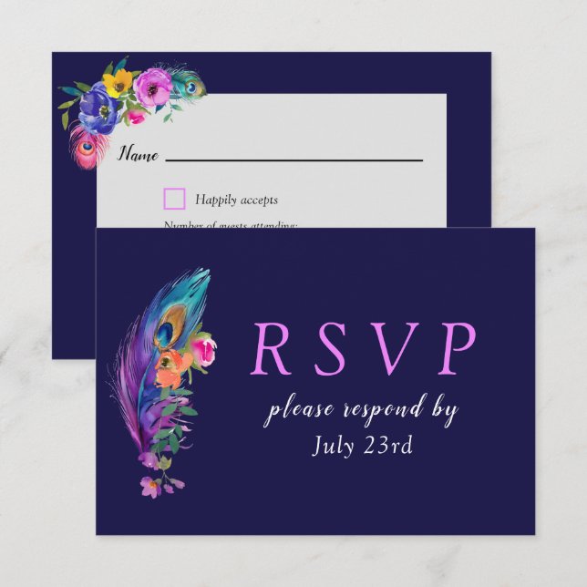 Peacock Feathers & Flowers Quinceañera RSVP Card (Front/Back)