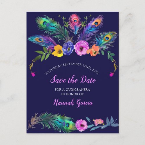 Peacock Feathers  Flowers Quinceaera Save Date Postcard
