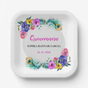 Peacock Feathers & Flowers Quinceañera White Paper Plates
