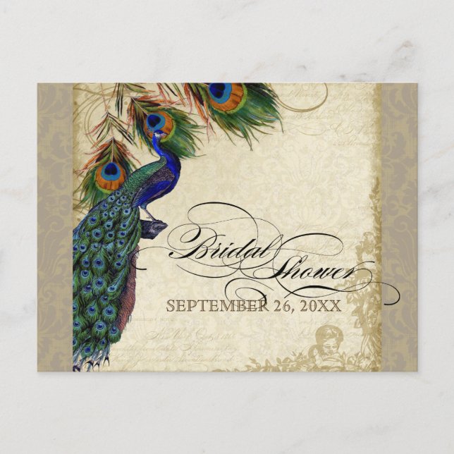 Peacock & Feathers Formal Bridal Shower Aqua Blue Invitation Postcard (Front)