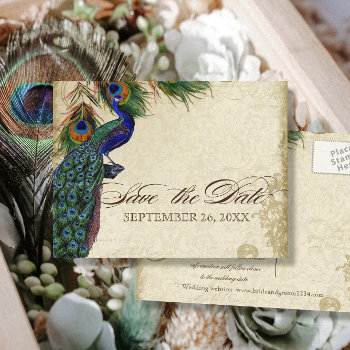 Peacock & Feathers Formal Save The Date Aqua Blue Announcement Postcard by VintageWeddings at Zazzle